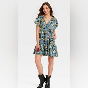 Universal Thread Blue and Yellow Floral Flutter Sleeve Dress